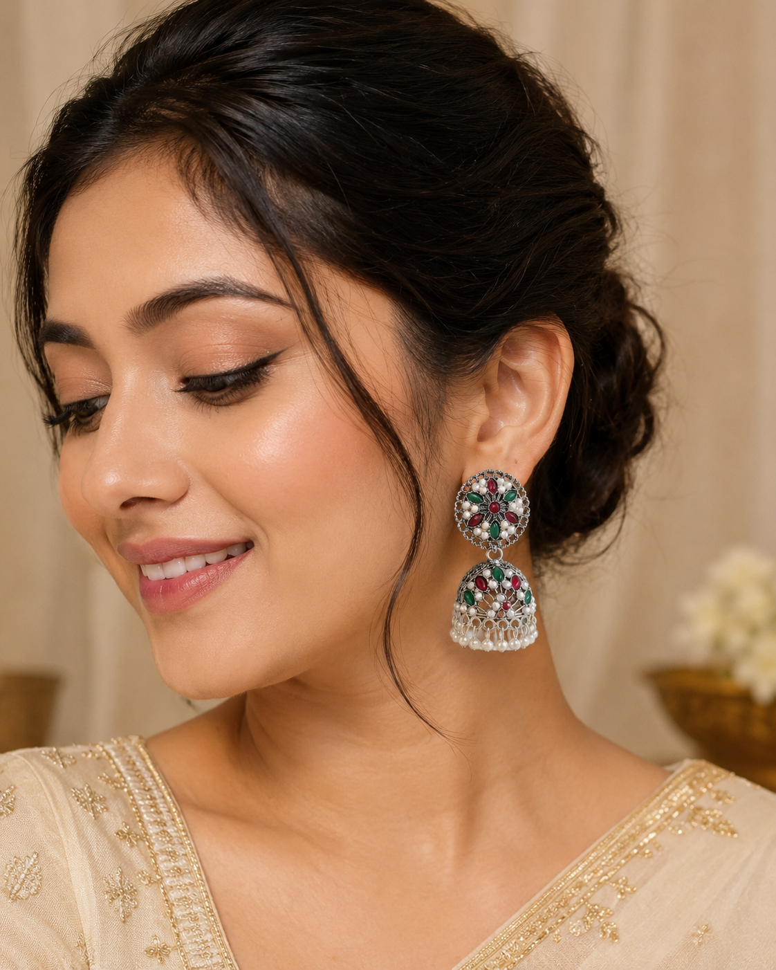 Oxidised Pearl Floral Jhumkha Earrings