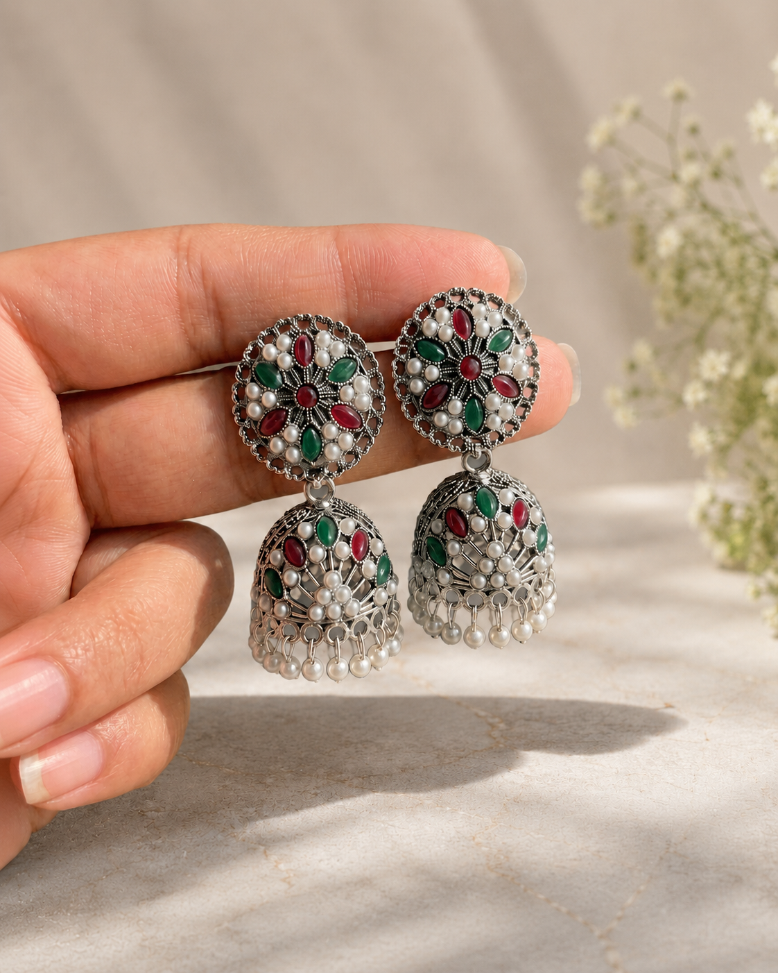Oxidised Pearl Floral Jhumkha Earrings
