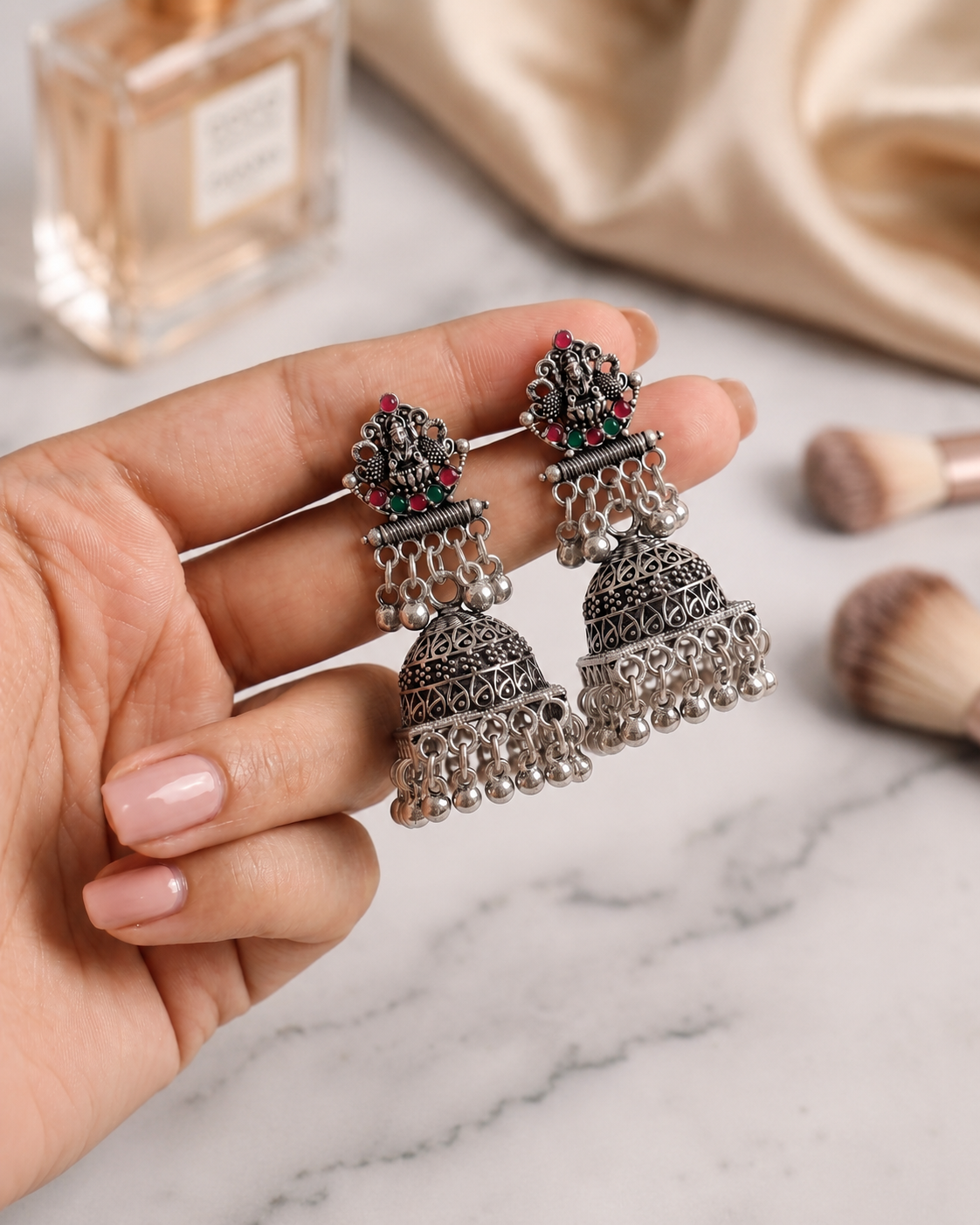 Oxidised Temple Jhumkha Earrings