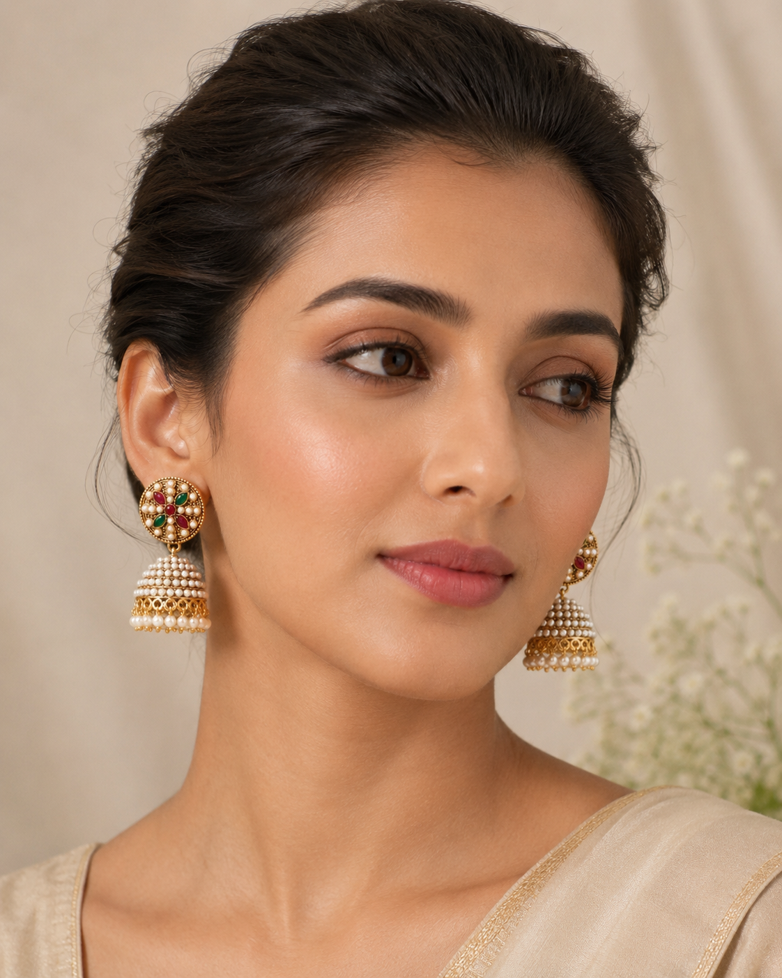 Gold Pearl Stone Jhumkha Earrings