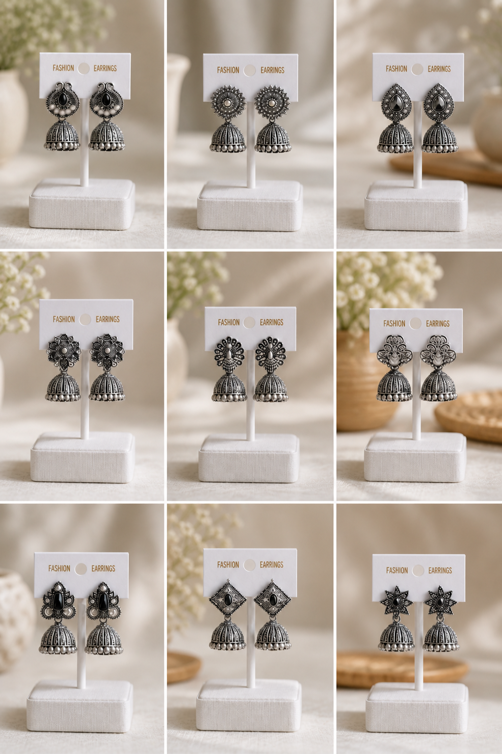 9 Pair Silver Oxidised Jhumkha Earrings Combo