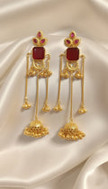 Red Stone Kashmiri Long Jhumkha Earrings